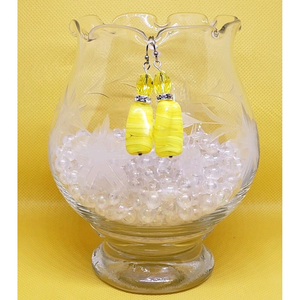 Handmade Art Glass Flower Costume Dangle Yellow Tone Stainless Steel Earrings...